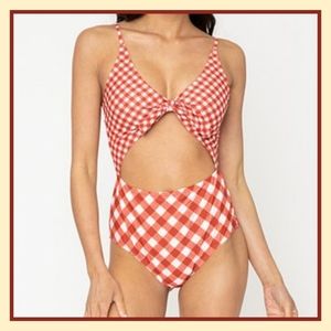 Marina West Gingham Tie-Front Cutout One-Piece Swimsuit